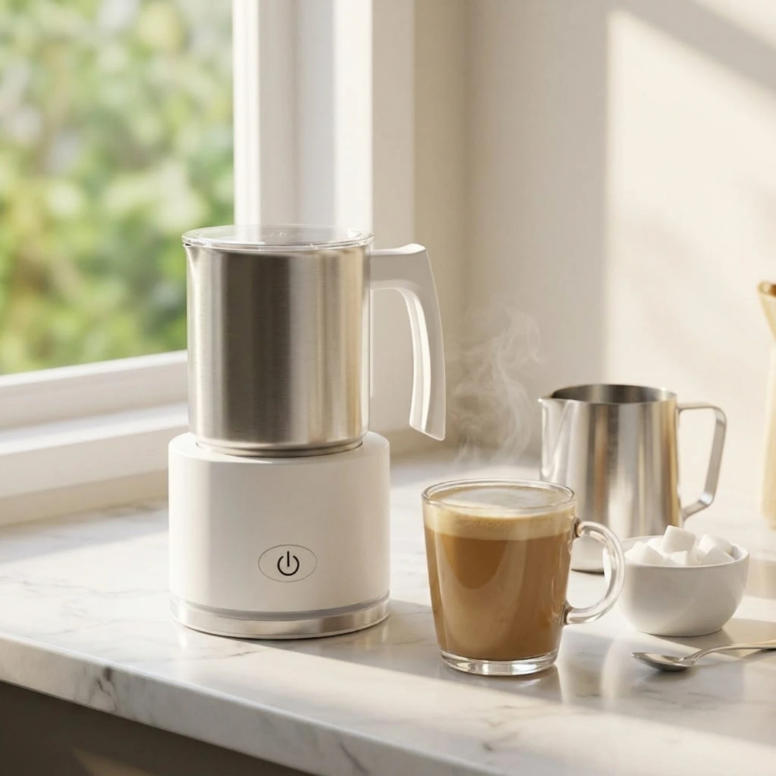 Electric Milk Frother Stainless Steel Automatic Milk Frother Kitchen Appliance Compact Power Button view 2