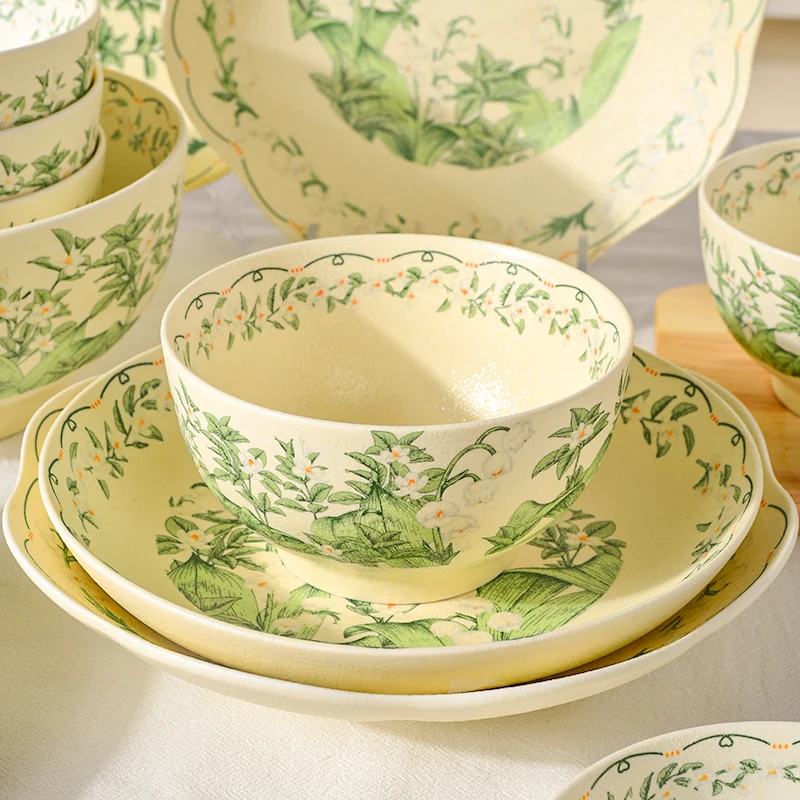 Flower Pattern Green Ceramic Bowls New Household 4.5~5 Inch Underglaze Color Dinner Tableware Fresh Good-looking Rice Bowl