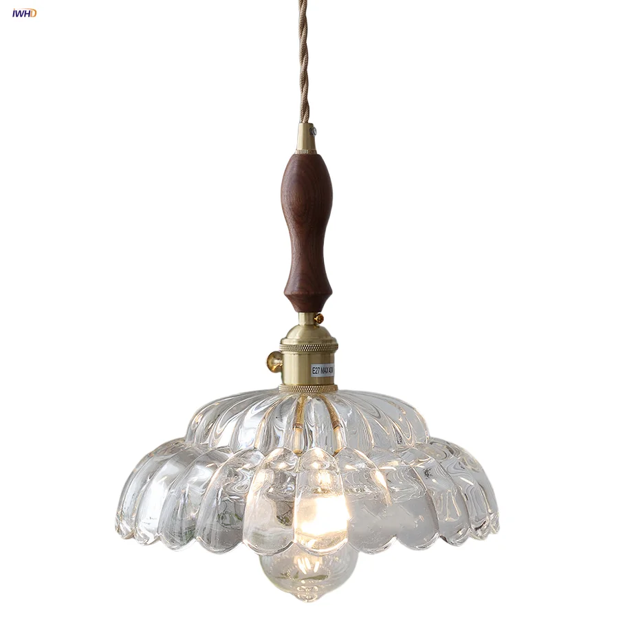 

IWHD Walnut LED Pendant Light Fixtures Bathroom Dining Room Knob Switch Wire Adjustable Modern Clear Glass Flower Hanging Lamp