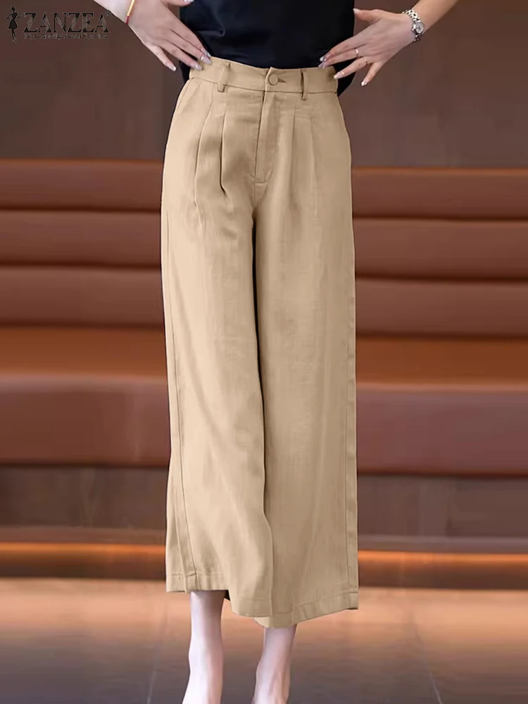 

ZANZEA Vintage Wide Leg Trousers Korean Casual Solid Loose Pants Women High Waist Long Pants Elagent Office Pocket Work Pantalon