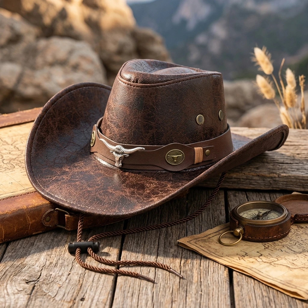 Outdoor Travel Cowboy Hat Retro Head Design Flat Top Sun Protection Cap for Men Women Vintage Western Riding Gear