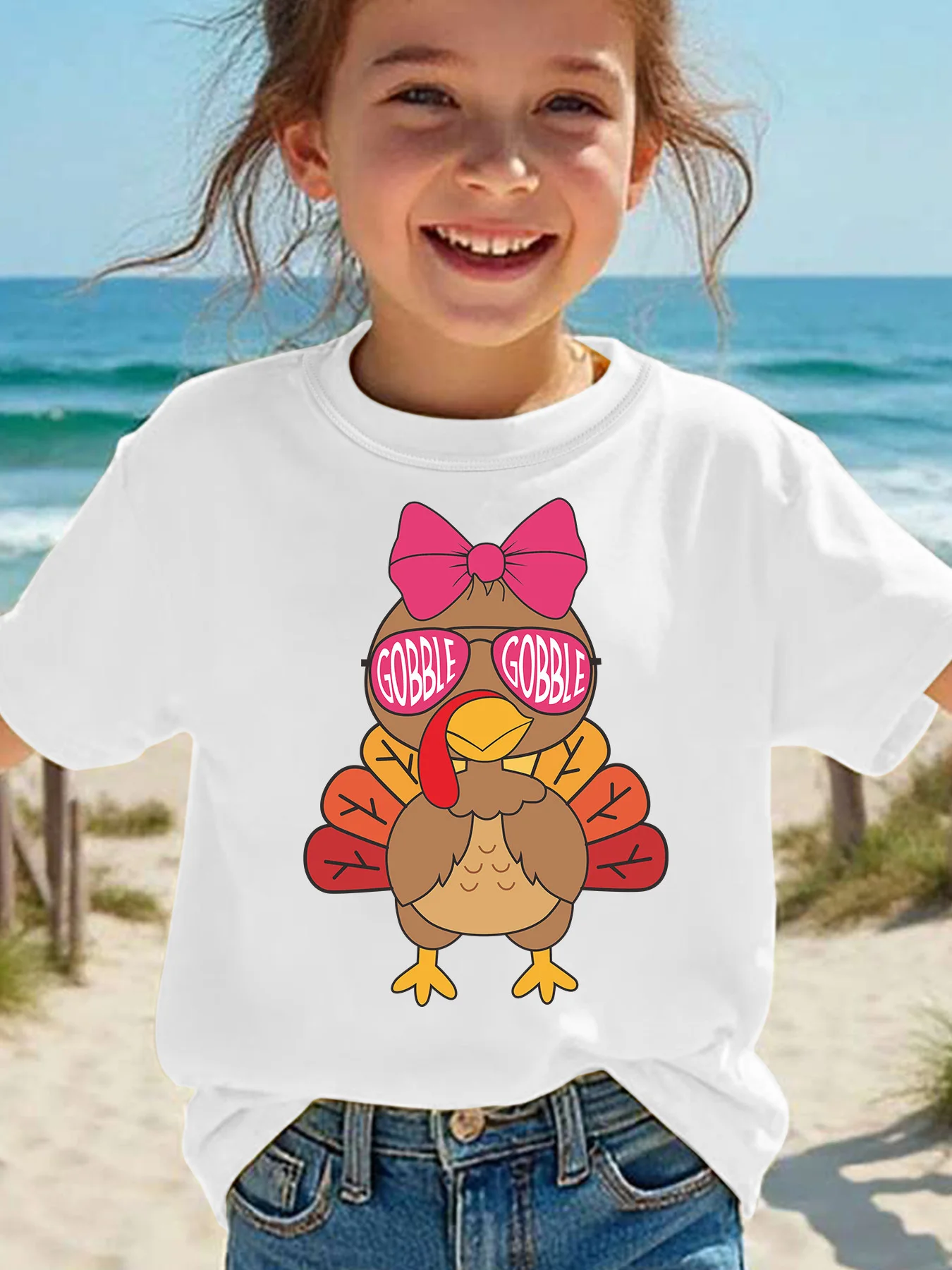 Cute Bow Sunglasses Thanksgiving Turkey Print Family Matching Cotton Tees Short Sleeve Tops For Mom Dad Boys Girls Daily Wear