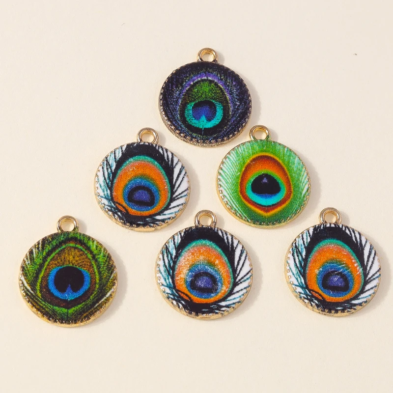 10pcs/lot 17*20mm Drip Oil Round Peacock Feather Charms for Earrings Bracelet Necklace Pendants Jewelry Making Accessories