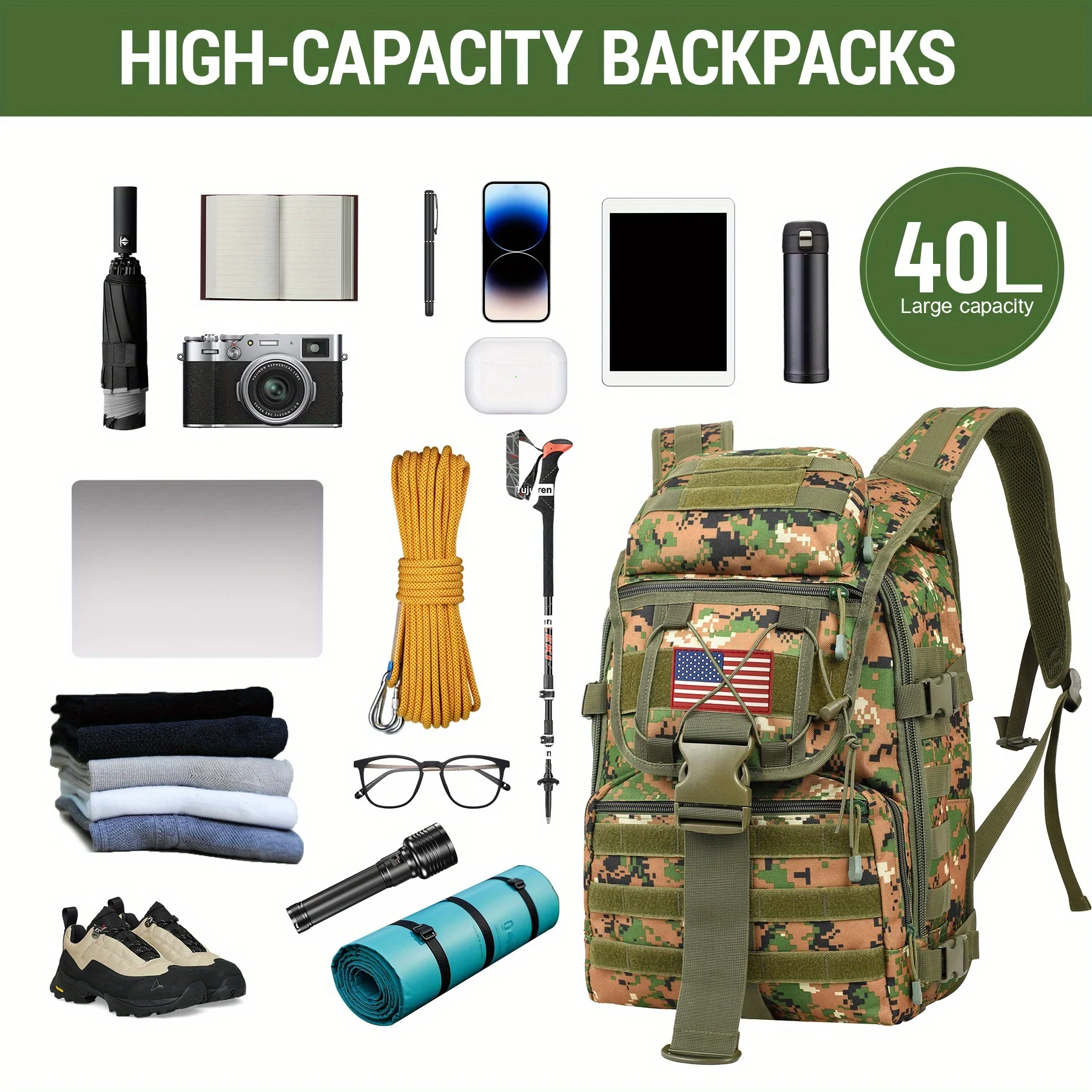 

Tactical Backpack, Camping And Mountaineering Backpack, Molle Tactical Backpack, Lightweight Outdoor Backpack. Suitable for Camp