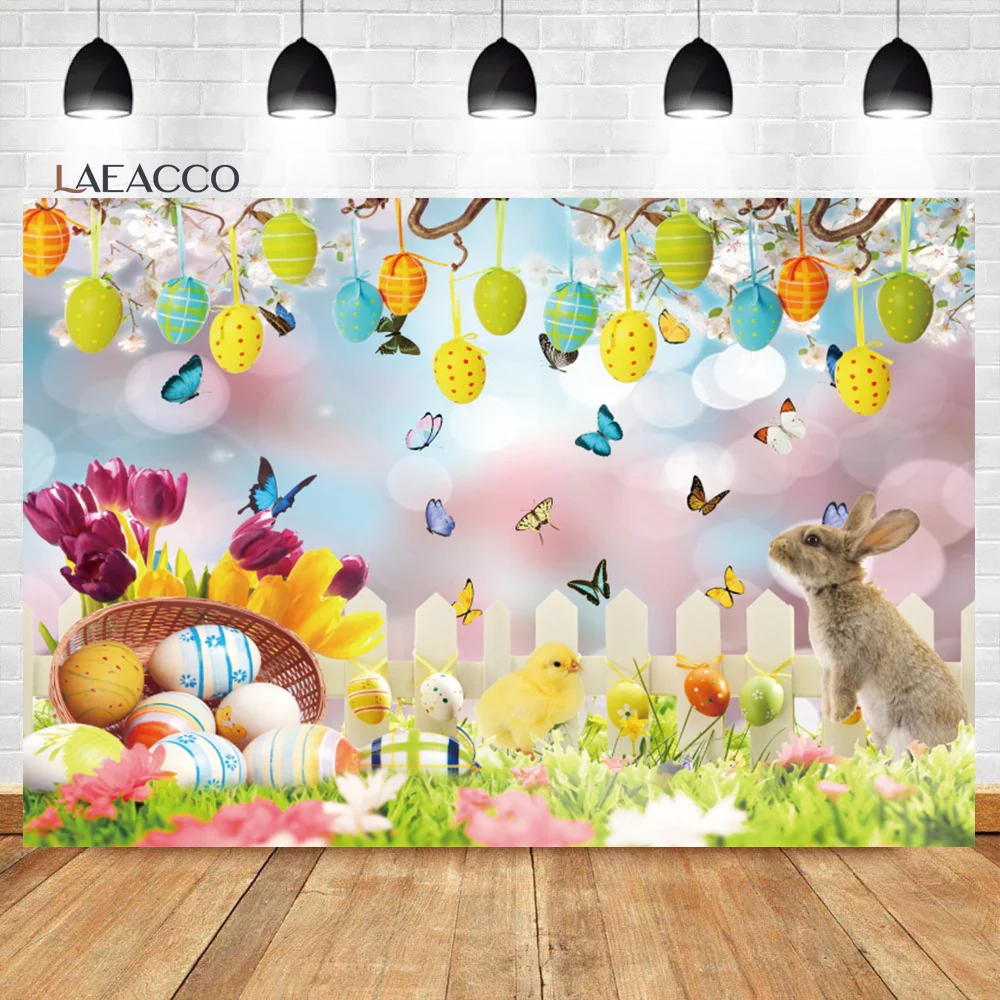 

Laeacco Spring Easter Backdrop Dreamy Light Bokeh Garden Fence Colorful Eggs Rabbit Newborn Baby Portrait Photography Background