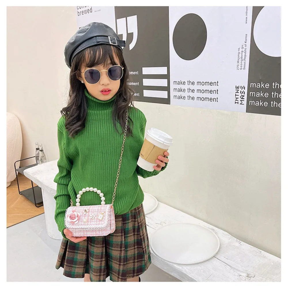 Flower Decoration Small Square Bag Fashion Pearl Handle Mini Kid\'s Handbag Korean Style Shoulder Bag Children