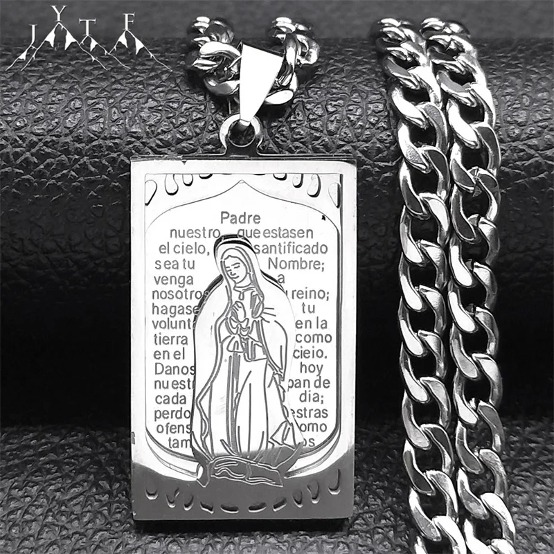 Virgin Mary Spanish Lord's Bible Verse Medal Necklace for Men Women Stainless Steel Silver Color Necklaces Jewelry N7438S05