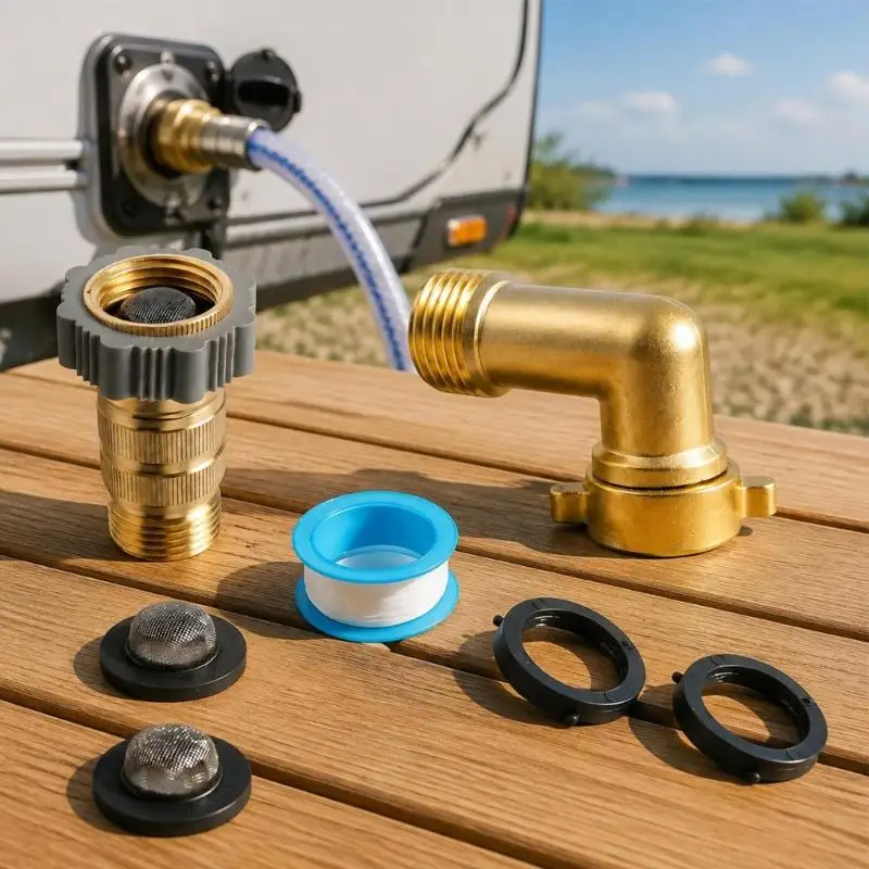 Brass Water Line Regulator with 3/4 Garden Hose Thread, Grip Collar, Elbow Adapter, Seal Tape and Washer Parts for