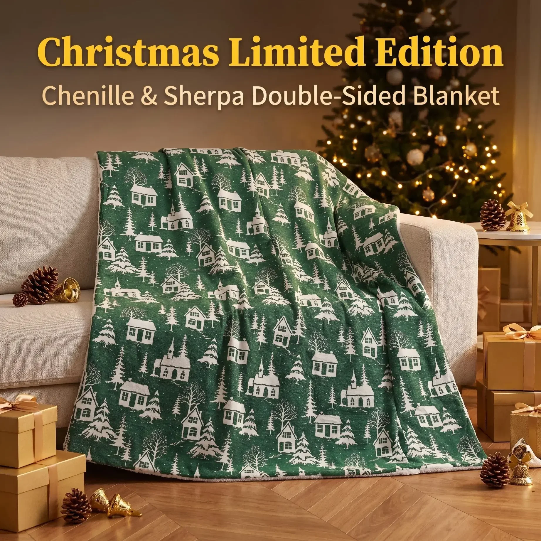 Christmas Chenille Sherpa Throw Blanket Double Layer Thickened Printed Blanket Soft Warm Reversible Sofa & Bed Blanket Xmas Gift