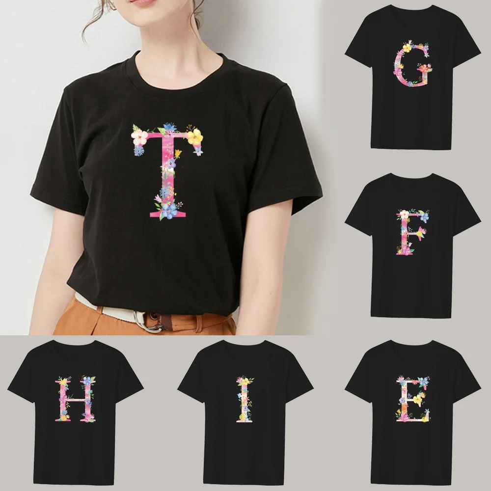 Women's Summer Black T-shirt 26 Pink Letter Name Printing Series Casual Slim Top Commuter Fashion Harajuku Ladies Short Sleeve