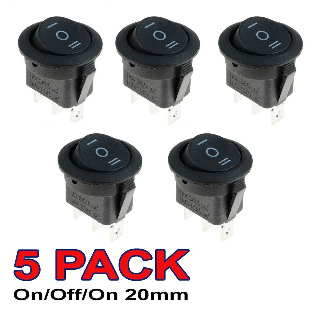 High Performance OnOffOn Black Round Rocker Switch Car Automotive 20mm SPDT 2 Way Dash 5 Pack Long Lasting Operation
