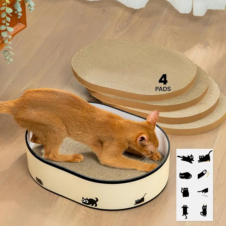 

Cat Scratcher Box with 4 Cat Scratching Pads, Mess-Free Design, Refill Scratch Pad, Heavy Duty Corrugated Cardboard Lounger, DIY