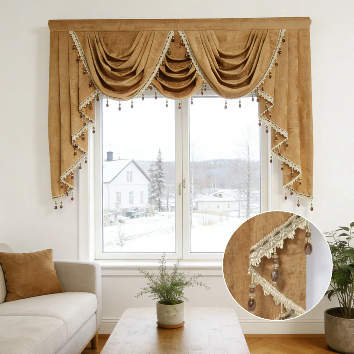 

1Pc Premium Waterfall Curtain Valance, Swag Design with Lace Border & Beaded Tassels for Living Room & Bedroom