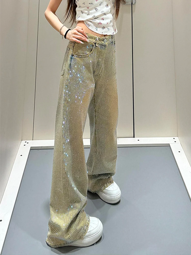 Spicy girl design full of diamond jeans women's spring summer new style personality full of stars niche straight leg long pants