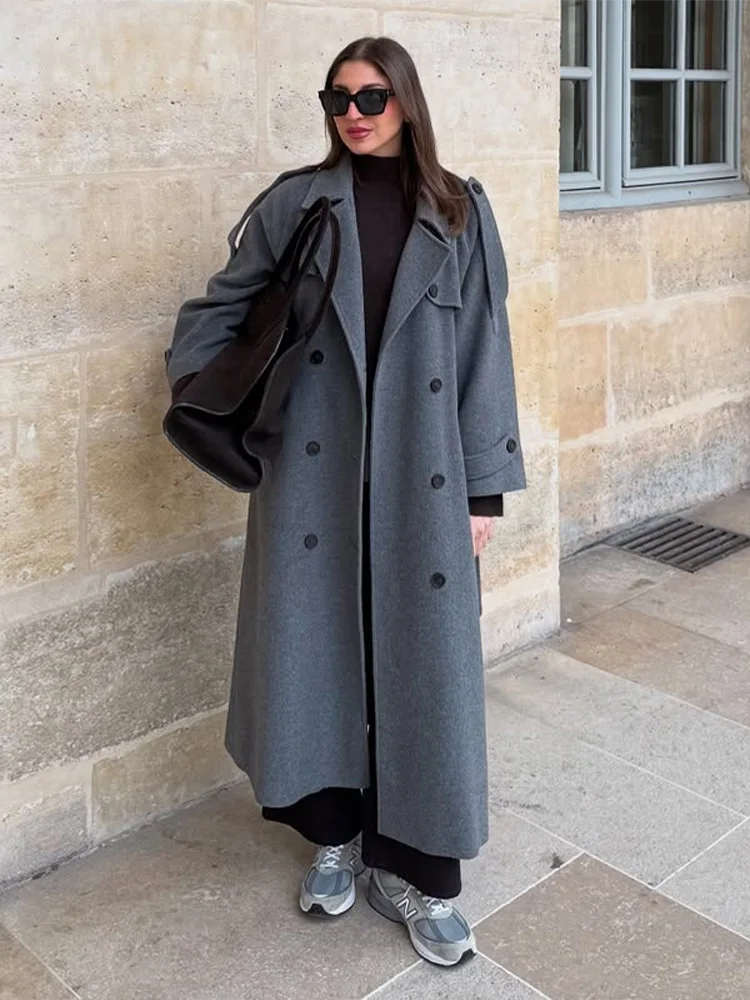 Retro Lapel Belted Woolen Overcoat Women's Casual Full Sleeve Double-breasted Coat 2025 New Autumn Winter Solid Ladies Outwear