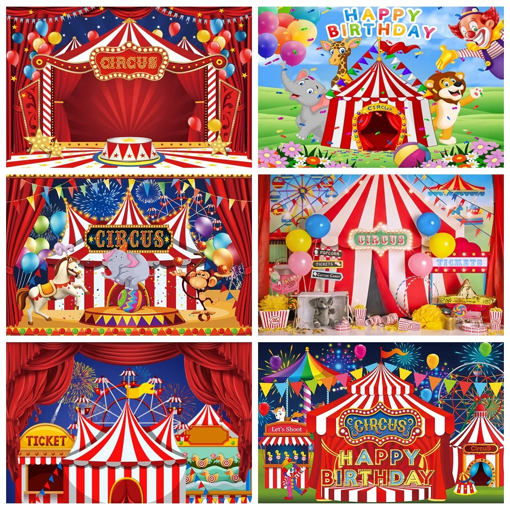 서커스 사진 배경 다채로운 풍선 레드 텐트, 놀이공원 관람차, 생일 파티, 베이비 샤워 사진 배경