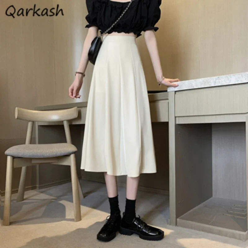 

Midi Skirts Women Solid Design Simple All-match Korean Style Female Elegant Basic Temperament Summer Faldas High Waist Casual