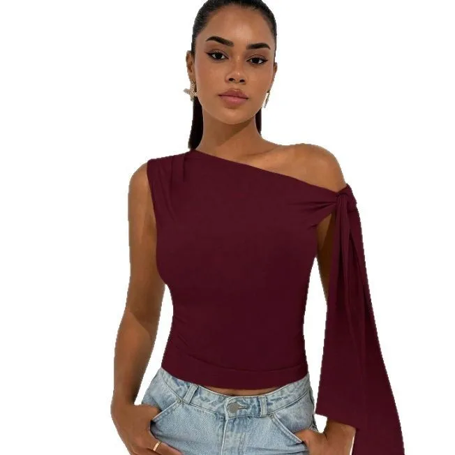 Sleeveless Oblique Neck Top Short Slim Fit Asymmetrical Design Streetwear Sexy Pullover with Seamed Construction Bodysuit Women