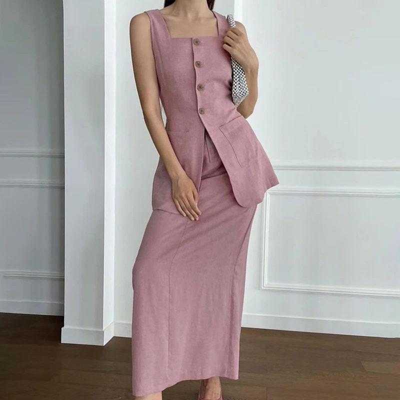 Women Slim Brown Cotton 2 Piece Sets Retro Outfit 2024 Summer Elegant Sleeveless Tank Top With High Waist Long Skirts Suits