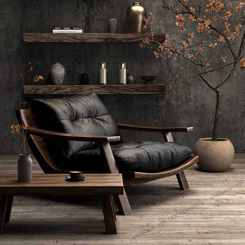 PG Medieval Solid Wood Leisure Living Room Chair Retro Leather Single Sofa Chair Designer Tea Book Rest Sitting Sofa Furniture
