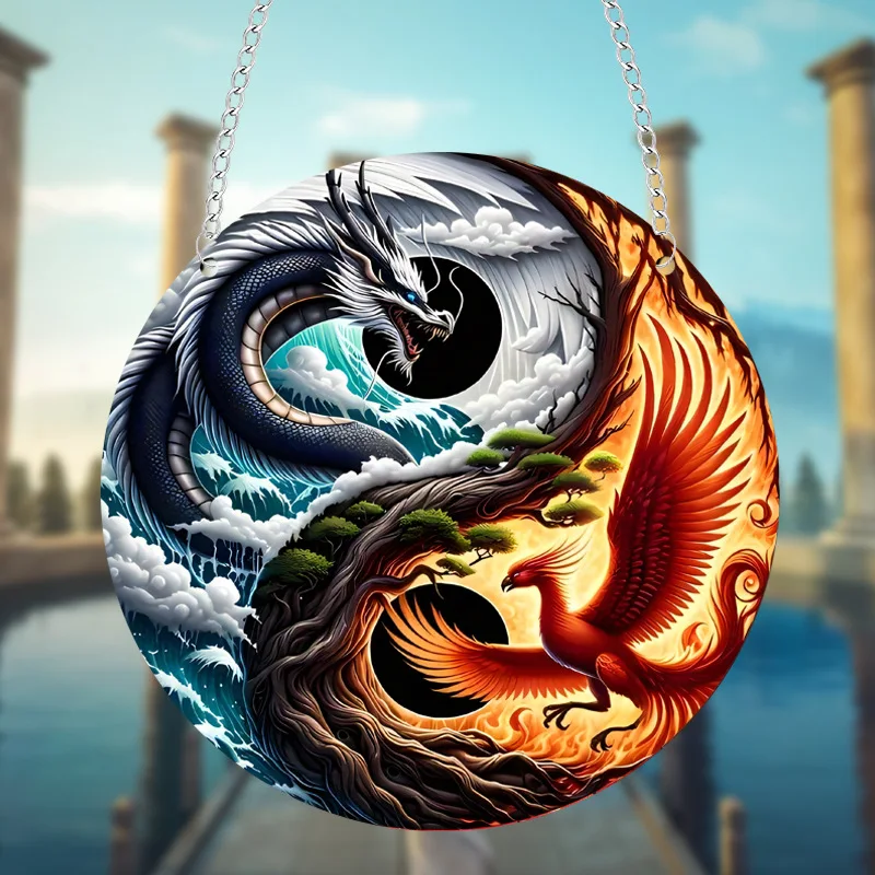 

Yin Yang Dragon Phoenix Painted Disc with Chain Home Decoration Pendant Porch Window Decoration Pendant