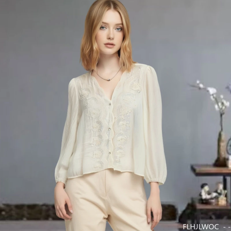 

Thin Semi-Transparent Retro Vintage Tops Blouses New Design Women Cute Sweet Japan Girls Flower Print Embroidery Button Shirts
