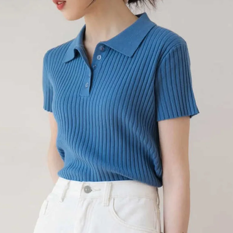 

Knitted Sweater Women Pullovers New Short Sleeve Turn Down Collar Knit Sweater Pullover Women Tops Sweaters Women Clothing Q1216