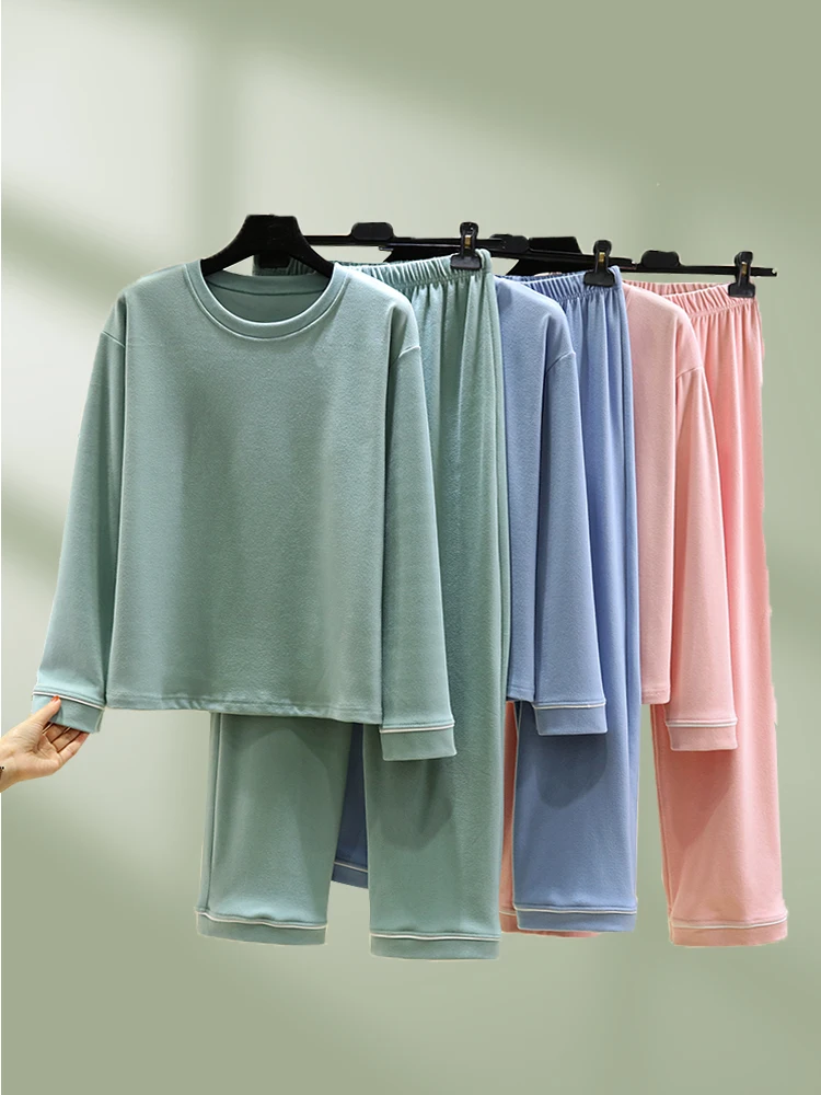 

Утепленный флисовый пижамный комплект для женщин: зимний, с длинным рукавом, теплый, свободный, повседневный, больших размеров, из двух предметов, для дома