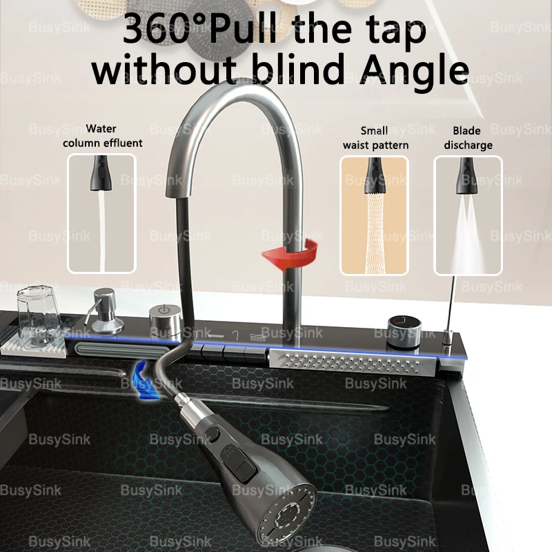 88X48CM Modern Smart Single Bowl Brushed Stainless Steel Kitchen Sink With Waterfall Faucet & Brass Knife Holder