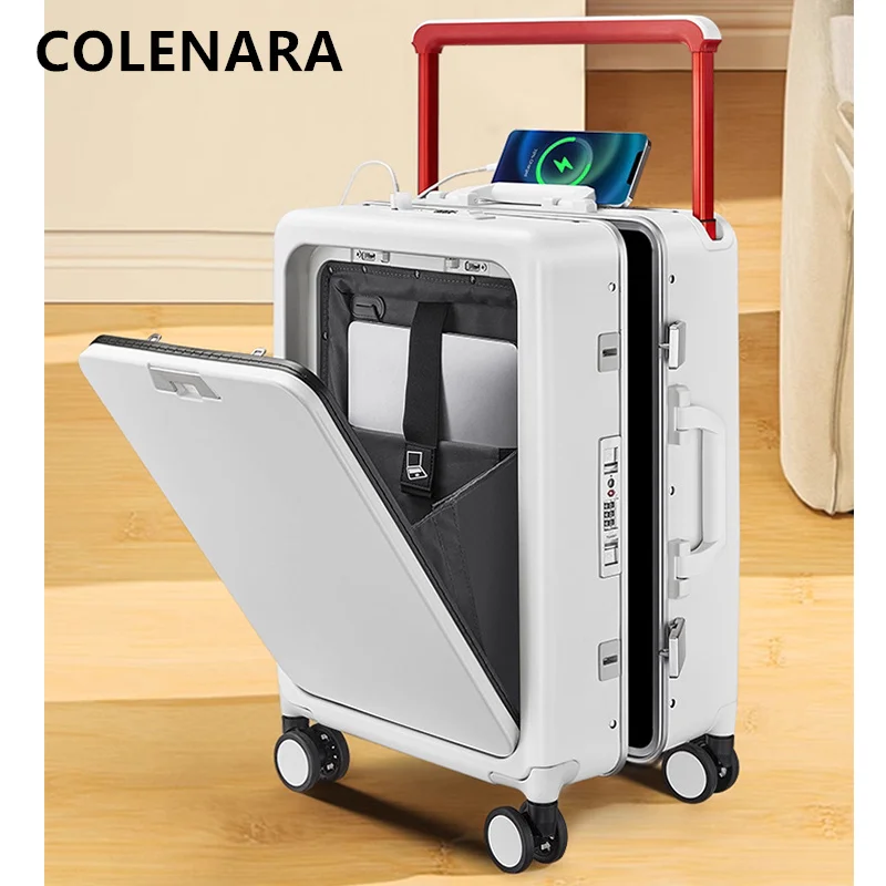 

COLENARA Women's Suitcase Front Opening Boarding Box USB Charging Multifunctional Aluminum Frame Trolley Case 20"24 Inch Luggage