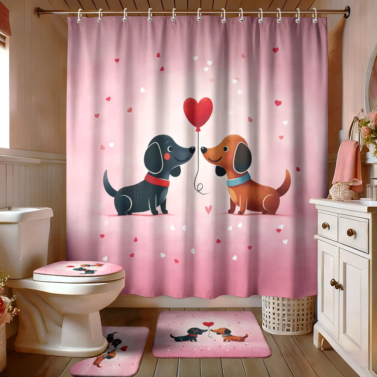 

4pcs Valentine's Day Pink Romantic Sausage Dog Print Bathroom Set Waterproof Shower Curtain Floor Mat U-shaped Toilet Mat