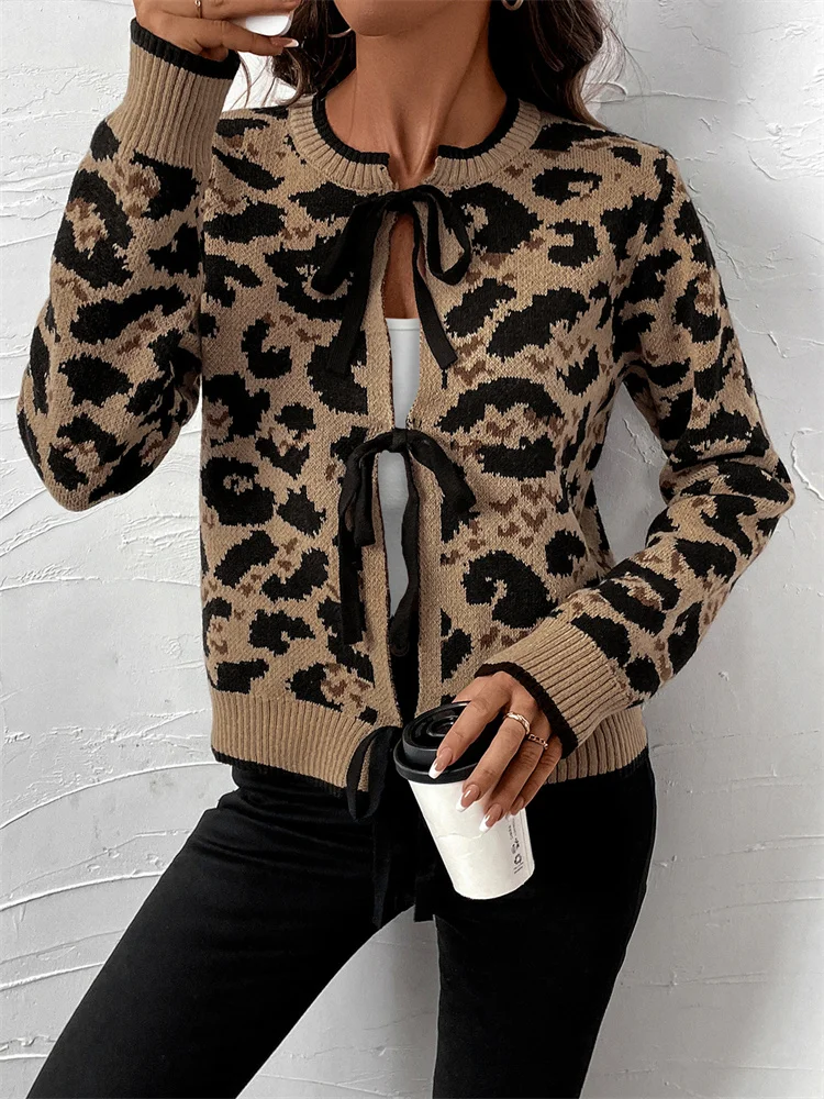 Tossy Knit Printed Bandage Cardigan Sweater Female Hollow Out Patchwork Slim Leopard Tee Bow Lace-Up Top Knitwear Cardigan Top