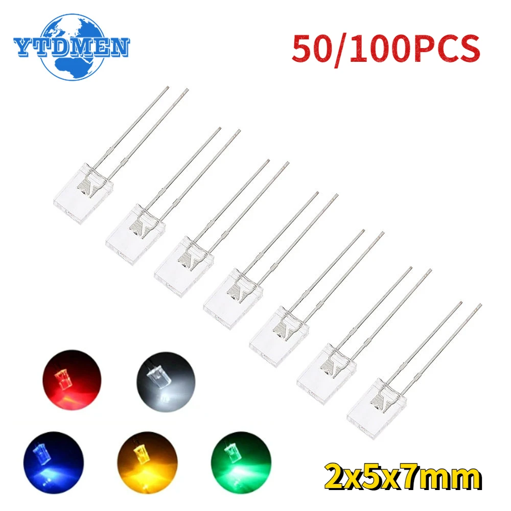 50/100PCS Square LED 2x5x7mm LED Transparent Luminescence Lights Diodes Kit White Red Yellow Blue Green Electronic Components