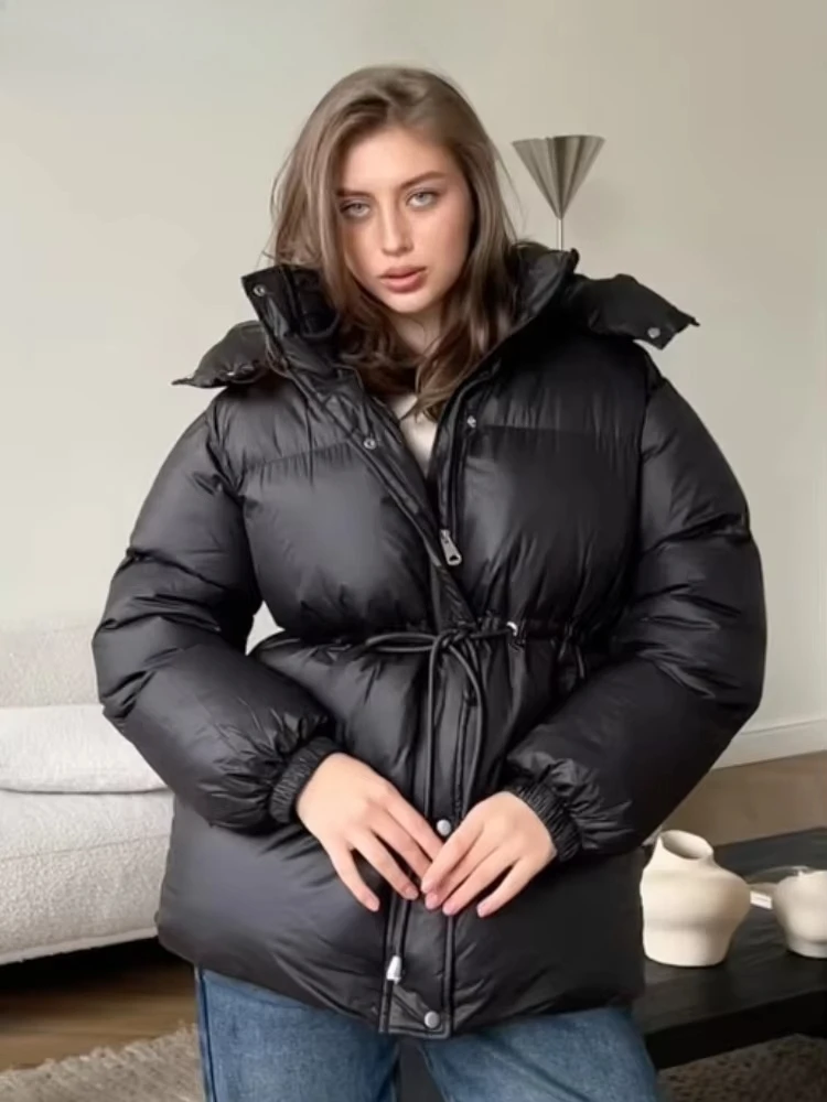 Women Winter Fashion Drawstring Waist-closed Thick Jackets Female 2026 Lady Street Outerwear Warm Hooded Padded Cotton Coats