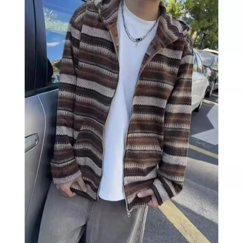 

Fall New Sle Korean Version Vintage Lazy Striped Woolen Loose ket round Ne Sweater Men Women Casual Faion Urban Sle