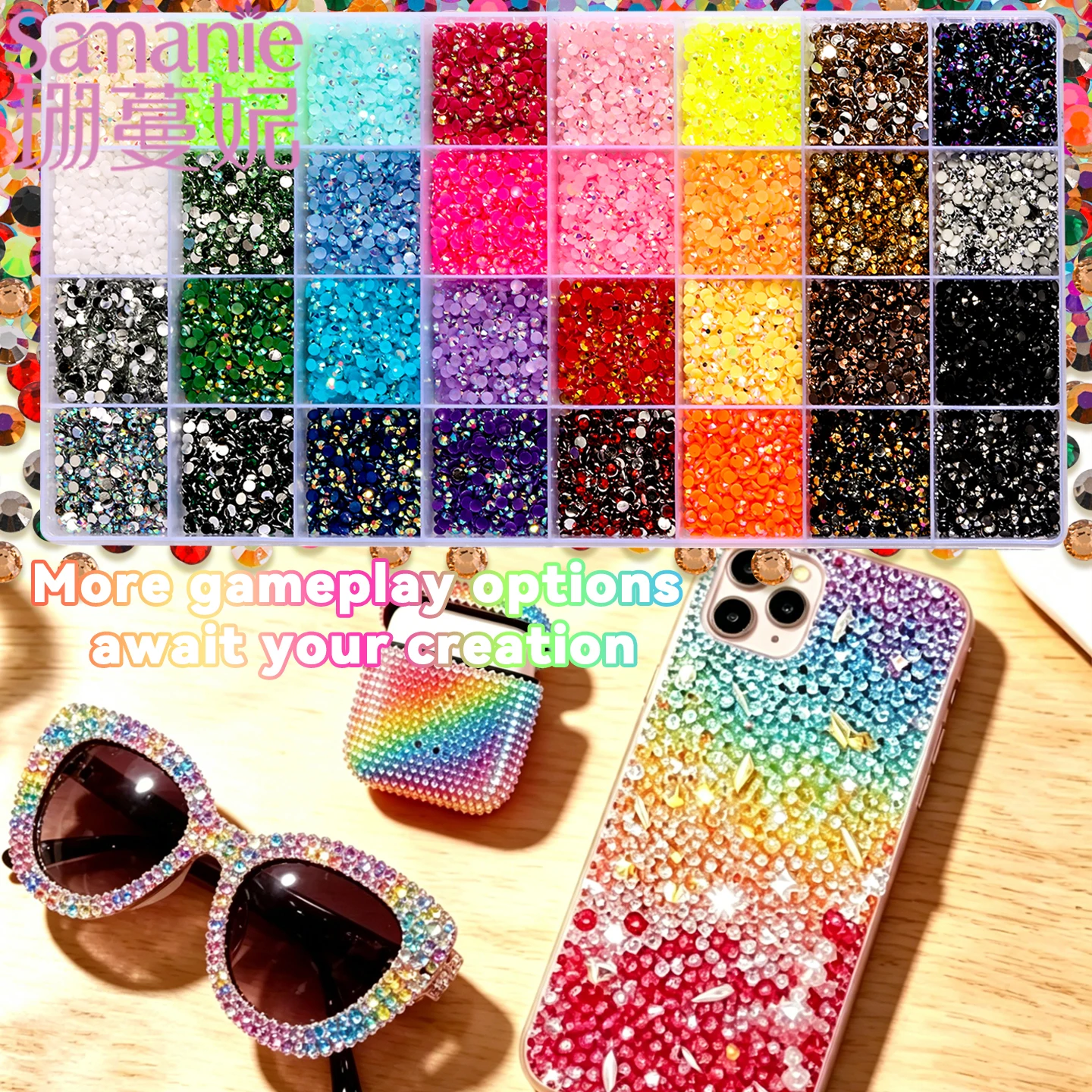 SANANIE 32 Grid 3mm Mixed Colorful Resin Drill AB Rhinesto Set Flatback Nail Drill For Phone Clothing DIY Decoration Nail Crafts