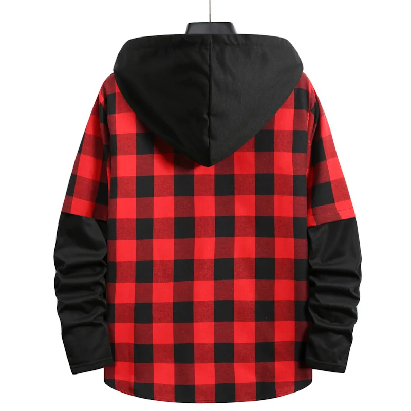 Men's Autumn New Fashion Plaid Patchwork Hooded Casual Shirt