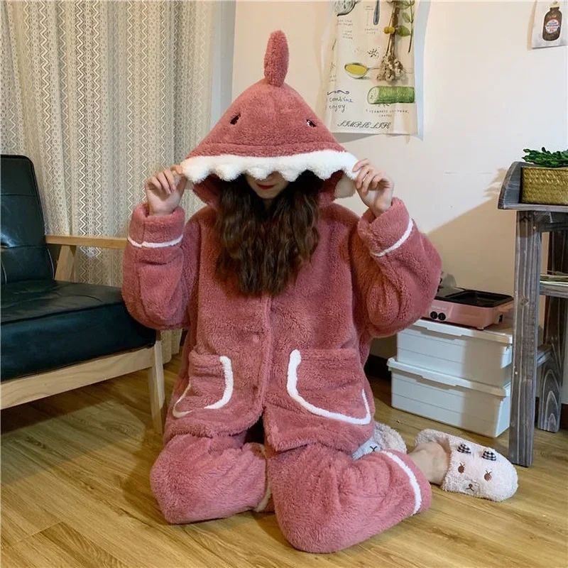 Shark Women\'s Pajamas Flannel Hooded Sleepwear Kawaii Pijama Female Set with Pants Cute Pyjamas Halloween Party Loungewear