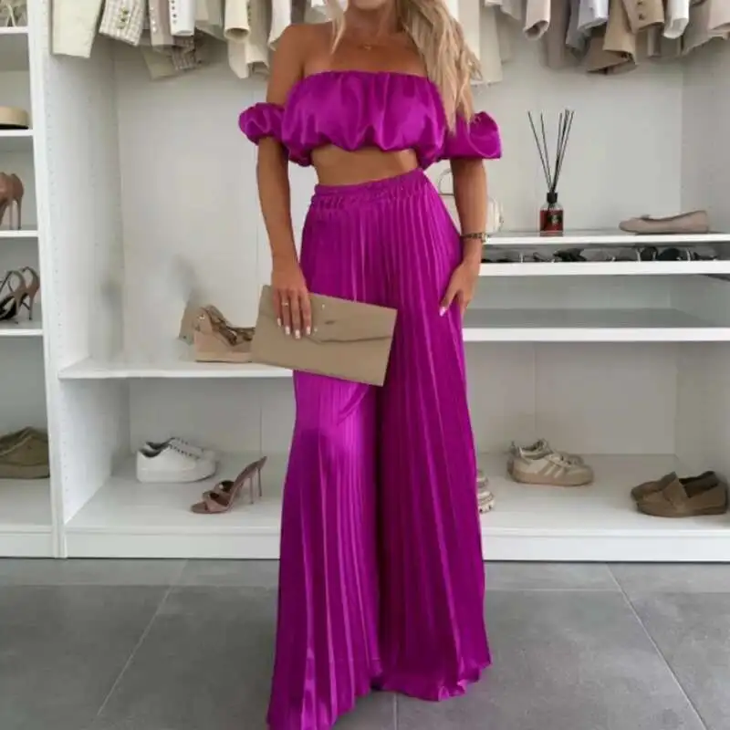 

Summer High Street Pleated Loose Suit Fashion Short Sleeved Solid Outfit 2025 Sexy Strapless Crop Top & Pants Women's Two Piece