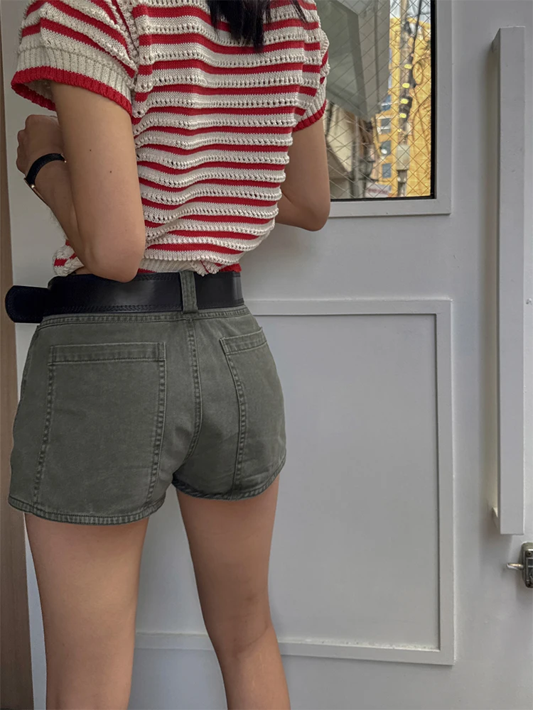 การออกแบบที่หวานและเย็นของผู้หญิง, กระโปรงกางเกงขาสั้นเอวสูงสีเขียวทหาร, กระโปรงกางเกงยีนส์สาวเผ็ด Y2K