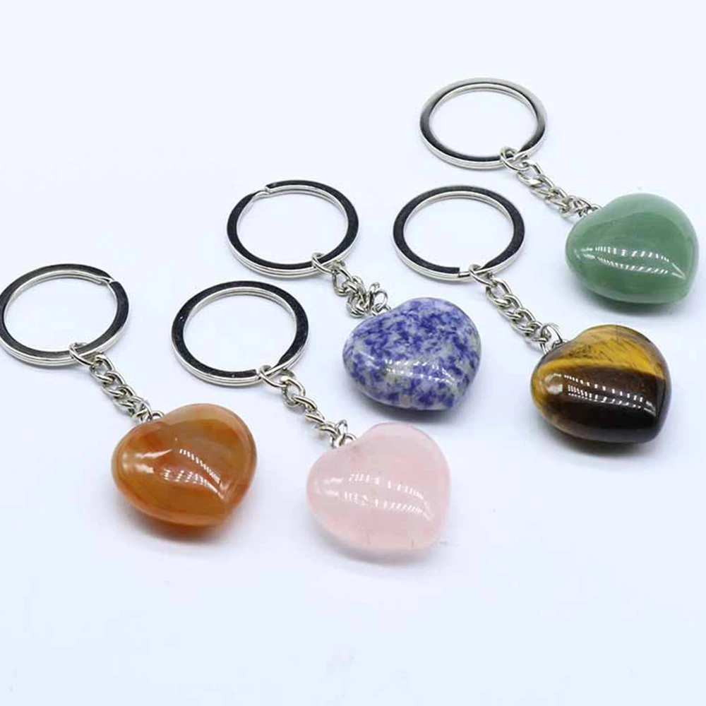 Natural Rose Quartz Crystal Heart-shaped Keyring Aventurine Sodalite Agate Gemstone Keychain Pendant Accessories
