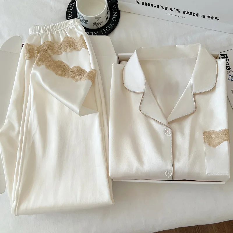 طقم ملابس نوم حريرية ثلجية للربيع والخريف للسيدات فاخر مزين بالدانتيل وأكمام طويلة ملابس منزلية خفيفة الوزن منتج فعلي للتصوير الفوتوغرافي #3