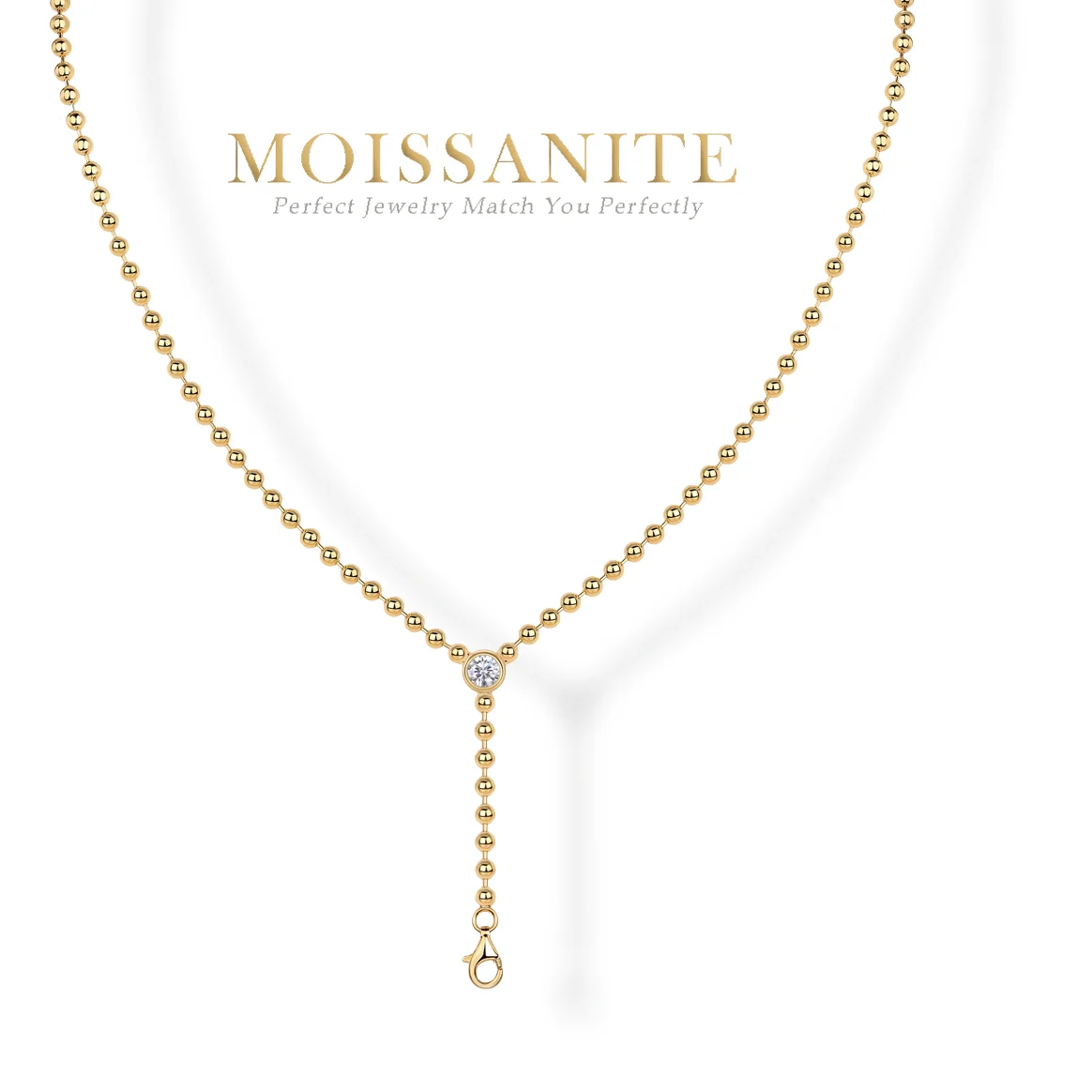 0.5 Carat Moissanite Bead Chain Necklace - S925 Sterling Silver Gold-Plated, Elegant 10.5g Ball Design, Perfect as a Gift