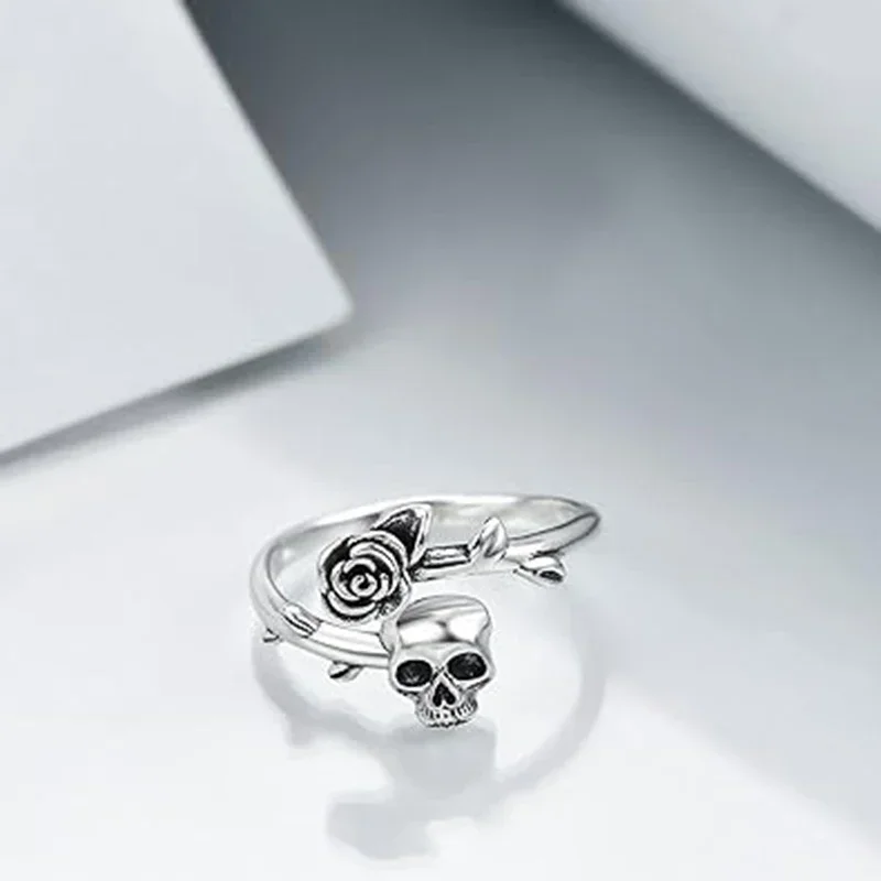 Goth Unique Skull Head Rose Silver Color Ring for Women Fine Jewelry Finger Adjustable Open Vintage Ring for Party Birthday Gift