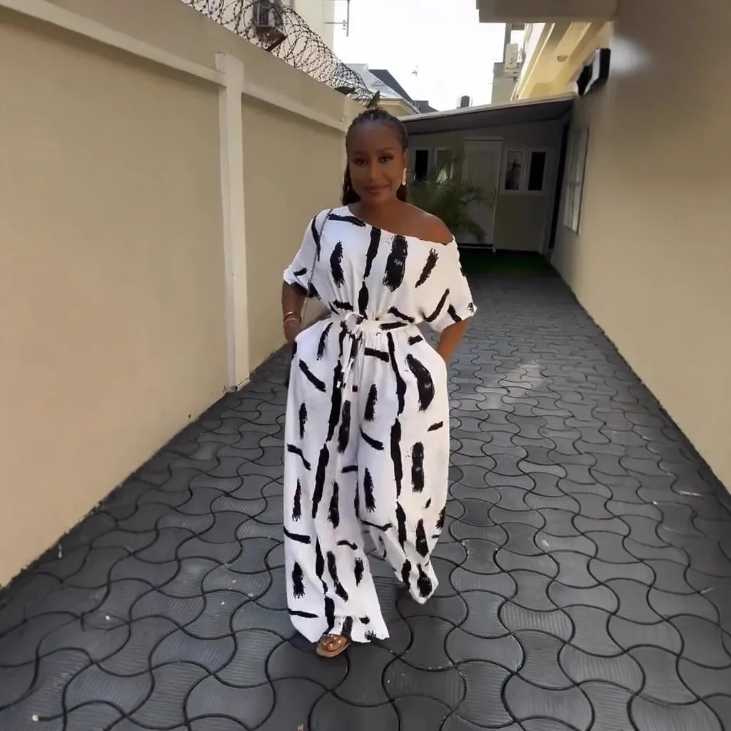 

New European and American large-size women's clothing summer explosion one-word collar printed short-sleeved jumpsuit women's la