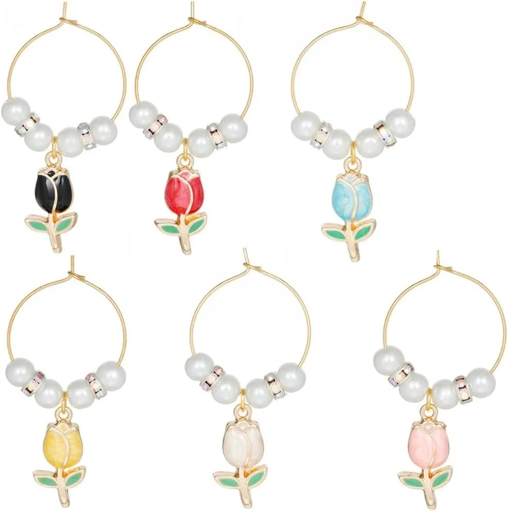 12 Sets Wine Glass Charms Drink Identifiers Wine Glass Markers Enamel Spring Floral Tulip Flower Imitation Pearl making kit