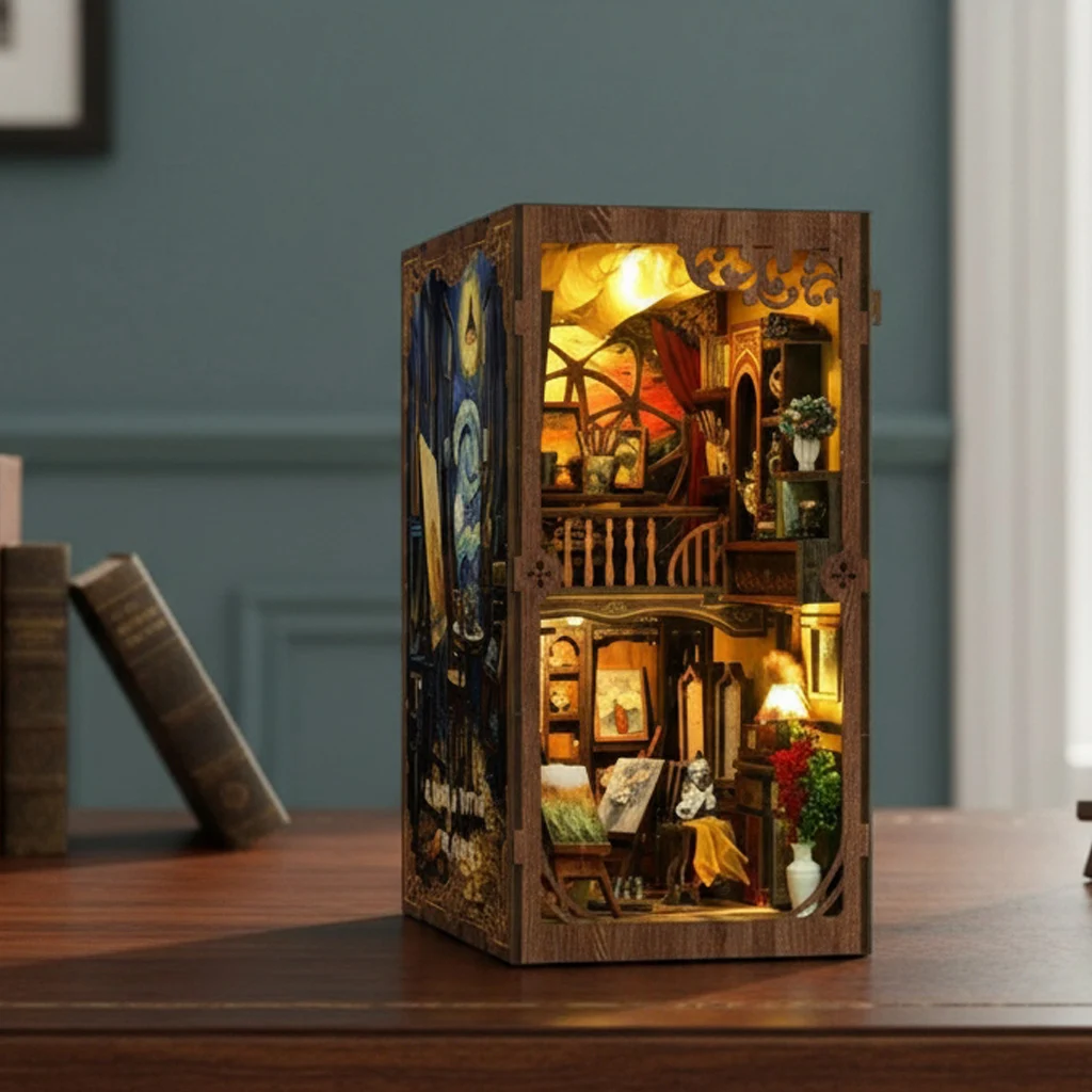 OUZEY Kit de bricolage de coin de livre en bois 3D - Modèle miniature « Un monde dans un cadre » avec figurines, cadeau de décoration d'étagère fait à la main