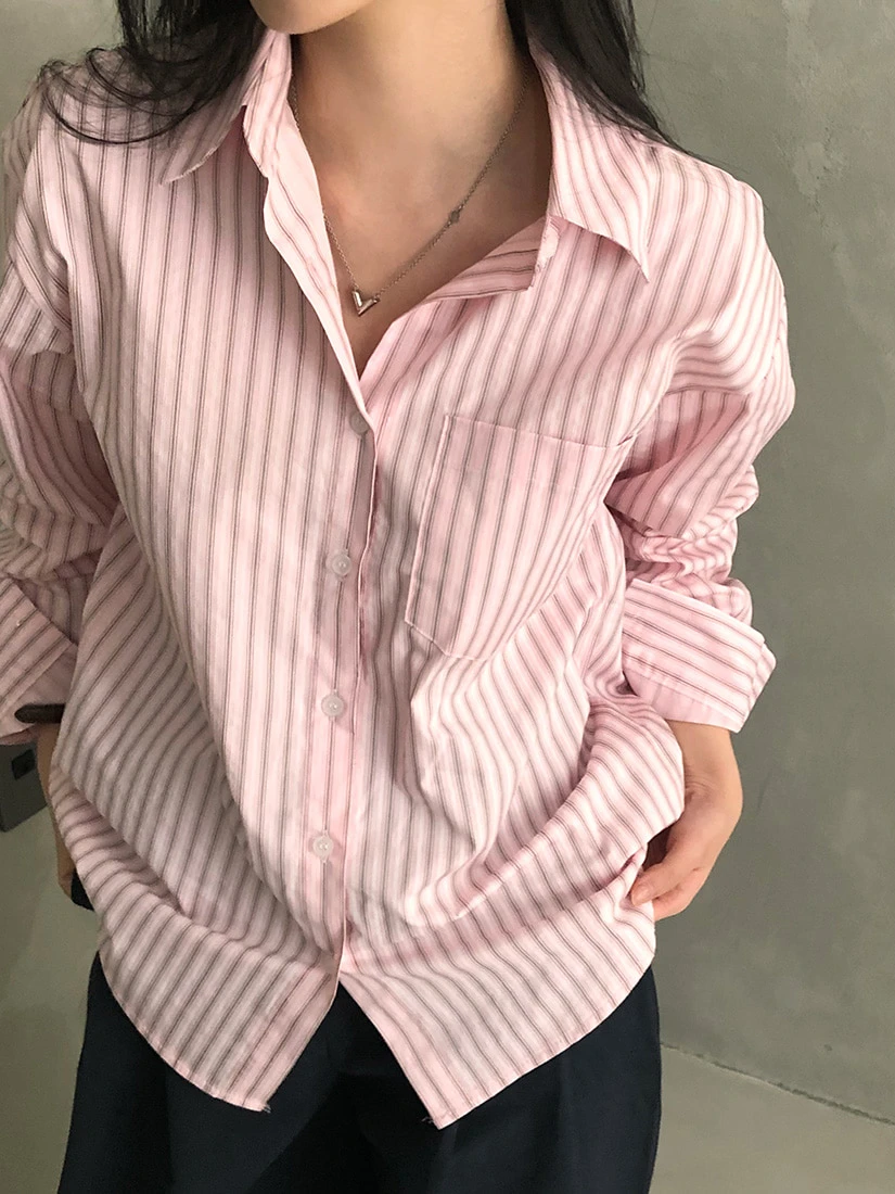 Printemps 2025 femmes Chic rayé irt Vintage col rabattu simple bouton doux haut coupe ample longue Sve motif classique