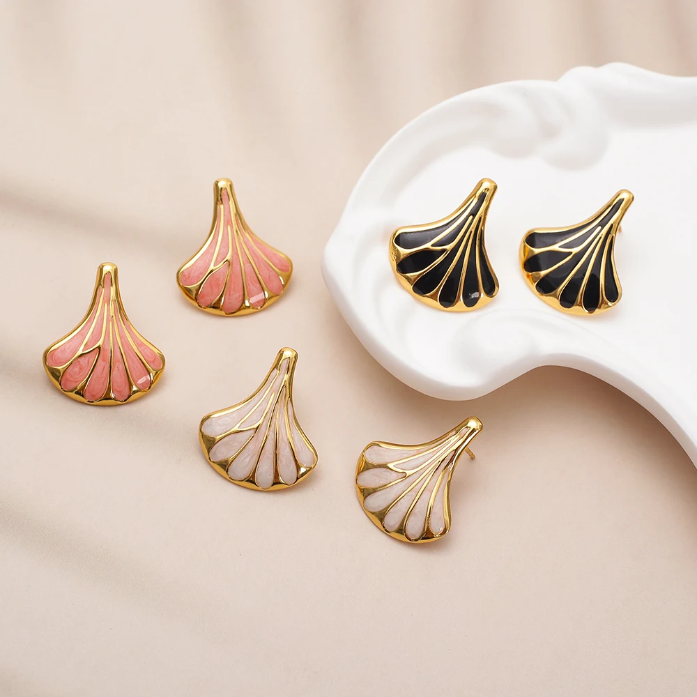 New Geometric Fan Leaf Stainless Steel Stud Earrings Gold Color For Women Vintage Colorful Glazed Design Valentine's Day Jewelry