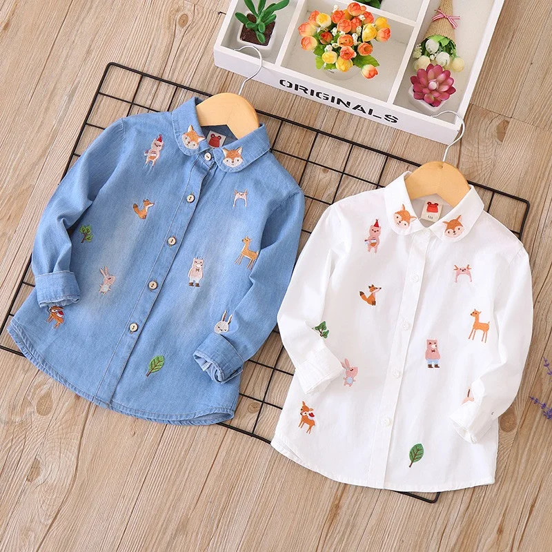 Fashion Baby Girl Boy Cartoon Embroidery Jean Shirt Cotton Child Denim Blouses Solid Color Spring Autumn Baby Clothes 2-14Y